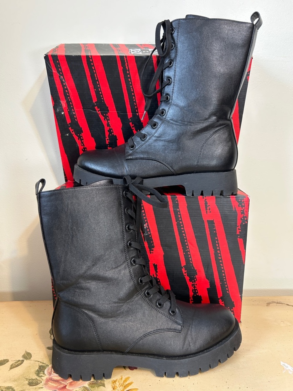 Bamboo “Hutch” Black Faux Leather Mid Calf Lace Up Military Combat Boots
